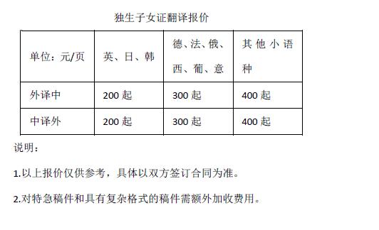 独生子女证翻译报价